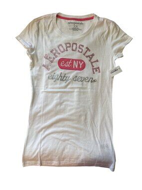 Aeropostale Womens White T-Shirt Est. NY Eighty Seven Glitter Logo Size M